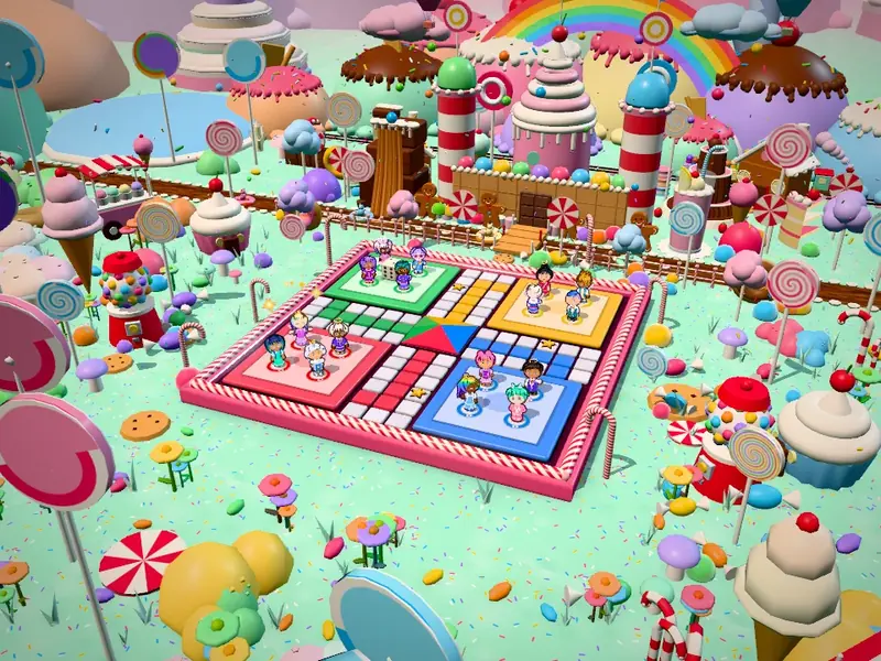 The Candy Land board surrounded by sweets, lollipops and candy houses