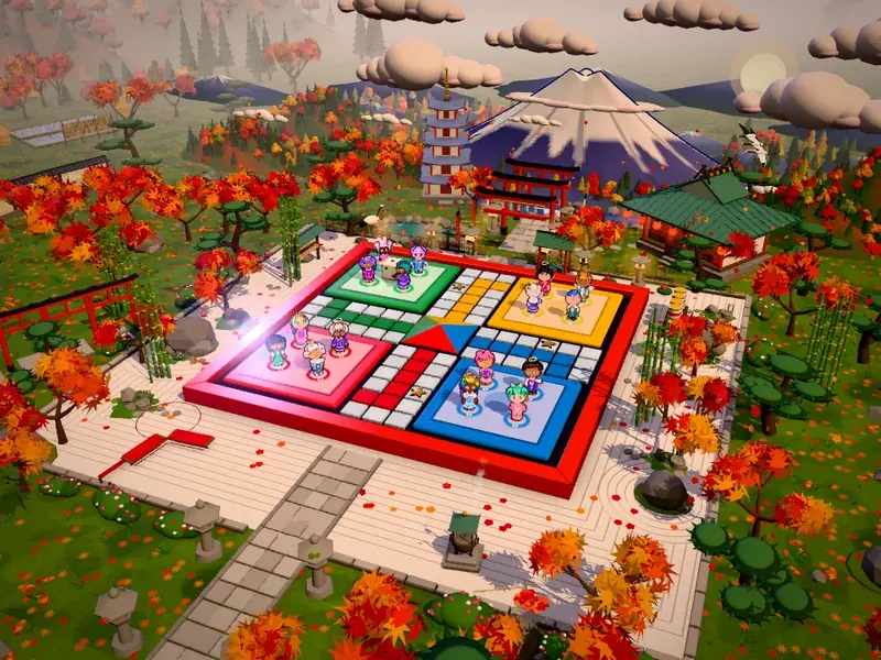 The Mount Fuji Shrine board in a garden with a shrine and the mountain behind