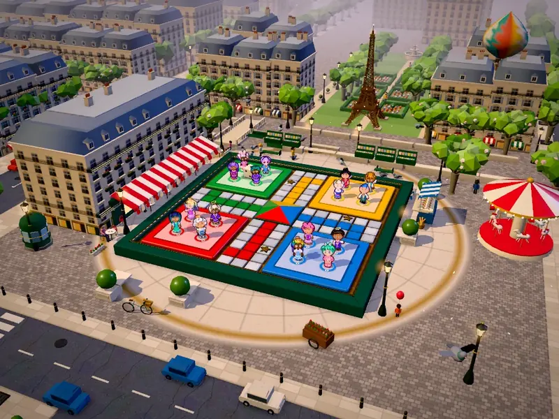The Paris Café board on a city square with cafés and the Eiffel Tower behind