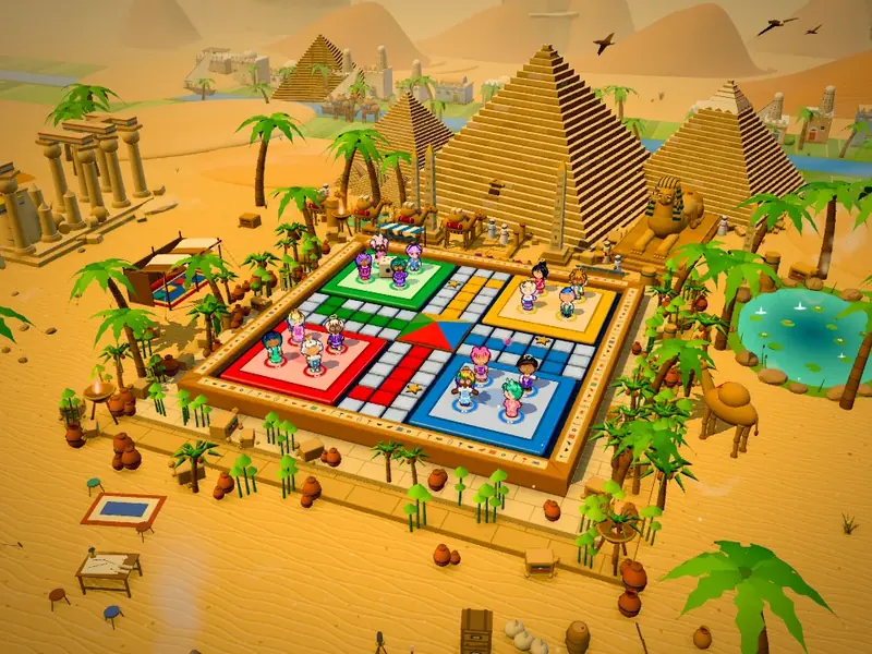 The Desert Pyramids board in the sand beside palm trees and pyramids