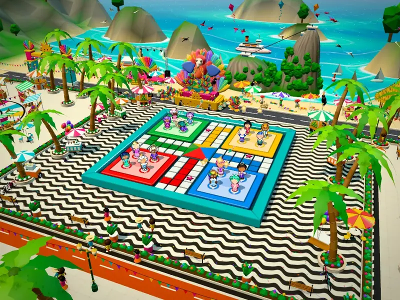 The Rio Carnival board in a colourful plaza by the sea