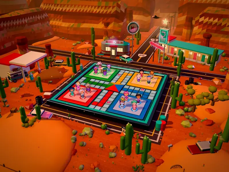 The Route 66 board at a desert crossroads with a diner and cacti
