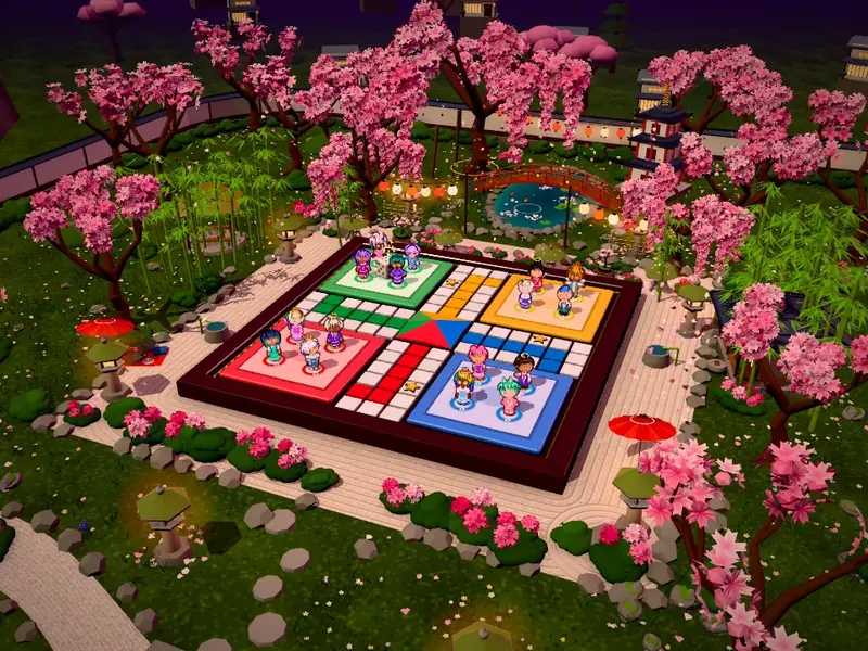 The Sakura Garden board under pink cherry blossom trees