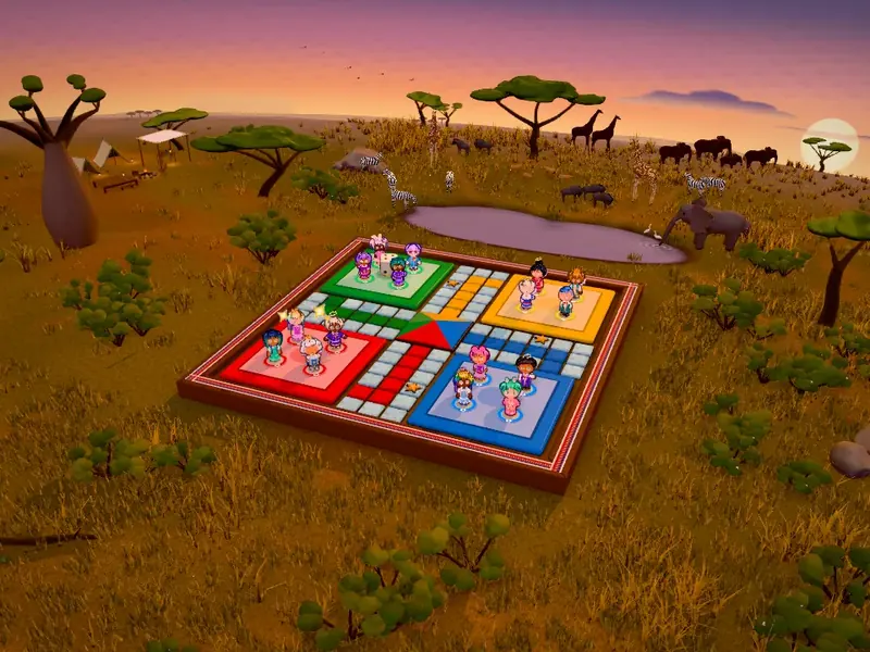 The Savanna Sunset board on golden grassland with animals at a watering hole