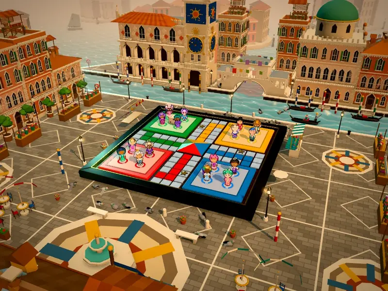 A Ludo match on the Venice Canals board: chibi characters in their bases beside the canals