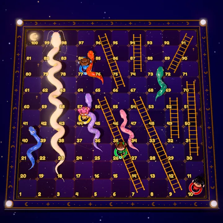 The Celestial Snakes and Ladders board: a starry night sky with jewel-bright serpent-dragons and golden ladders