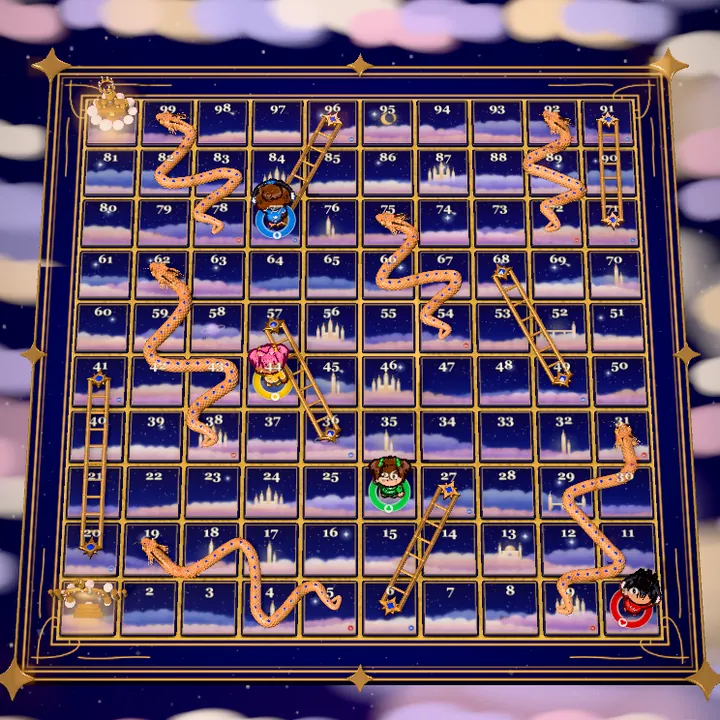 The Golden Dragons Snakes and Ladders board: golden dragons and star ladders
