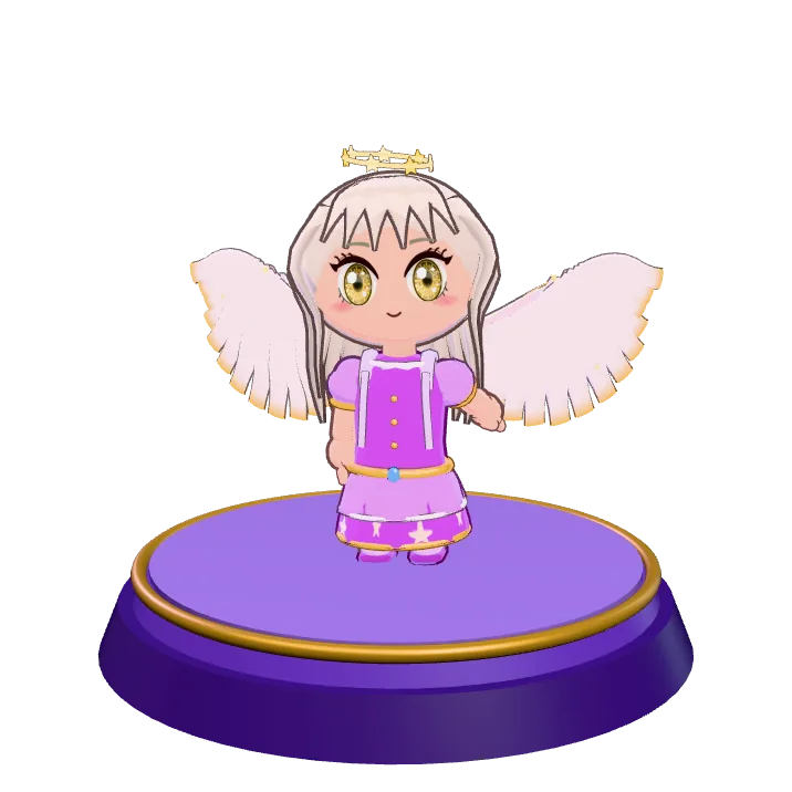 A chibi character in the Angel look: Angel wings, Princess gown, Star halo and Royal Gold eyes